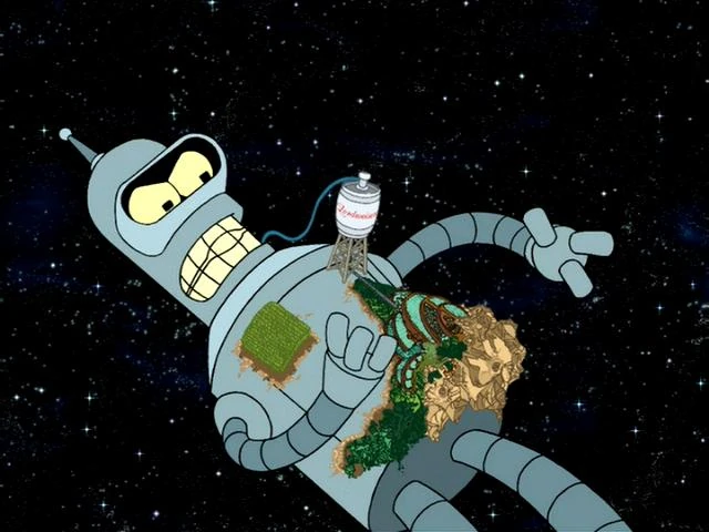 Bender from Futurama in the GodFellas Episode floating through space.